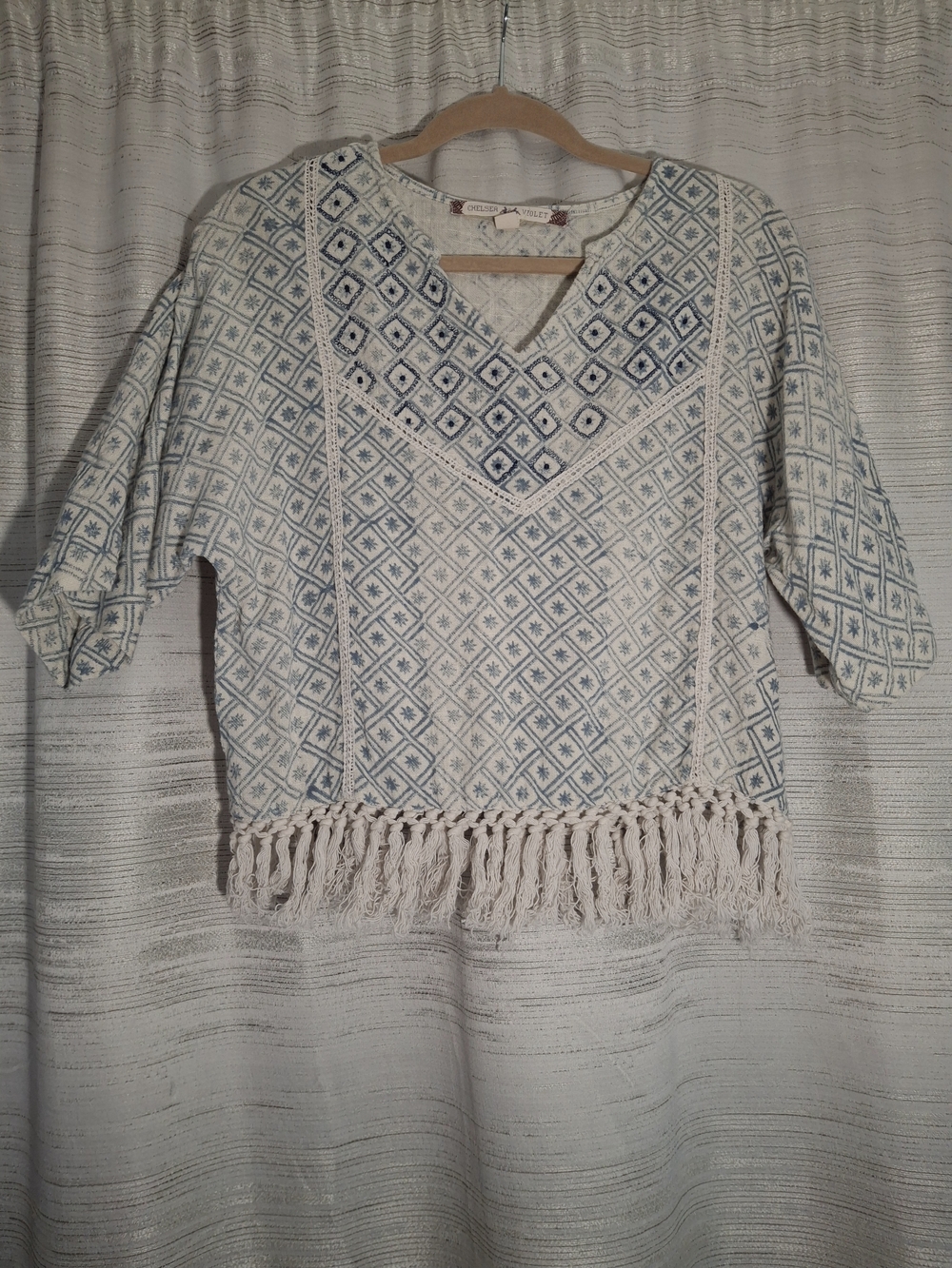 Chelsea & Violet Cream Tunic with Blue Embroidered Pattern & Fringe XS